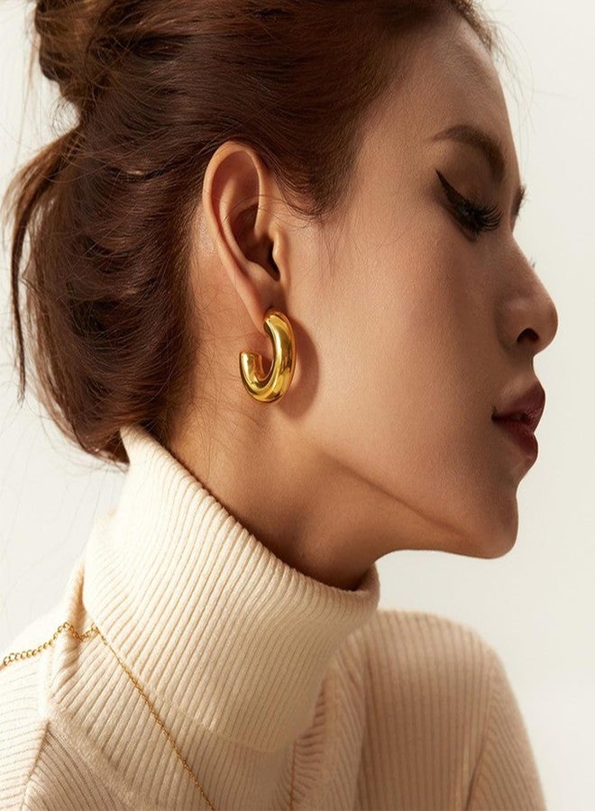 Moodear Chunky Dainty 14K Gold Plated Hoops Earring - Trendy Thick Hoop Hypoallergenic Earrings for Women Non Tarnish - Image 2